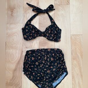 Floral Black Halter vintage Bikini Set